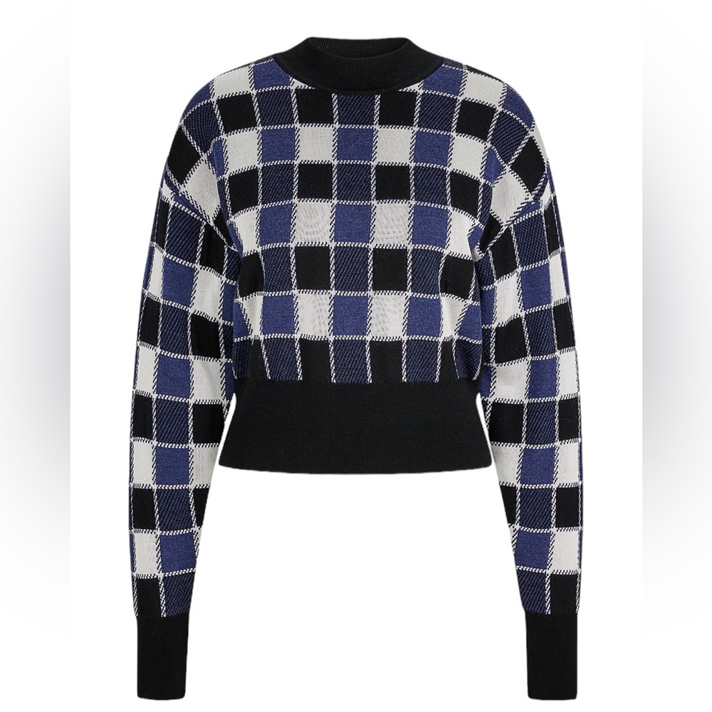 NWT BOSS Sweater By Hugo BOSS Check Plaid Business Casual Black White Purple NEW